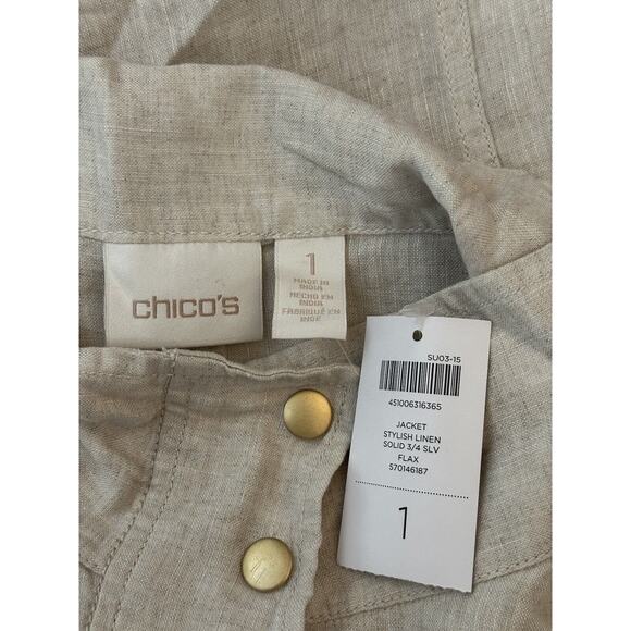 Chicos Linen Snap Front Jacket Flax Solid 3/4 Length Sleeves Size 1 Medium - Picture 4 of 8